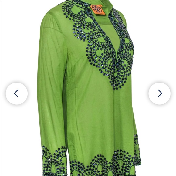 TORY BURCH TUNIC BEADED GEMS SEQUINED GREEN SAPPHIRE BLUE 2 LONG SLEEVE SHIRT SF - Picture 3 of 16